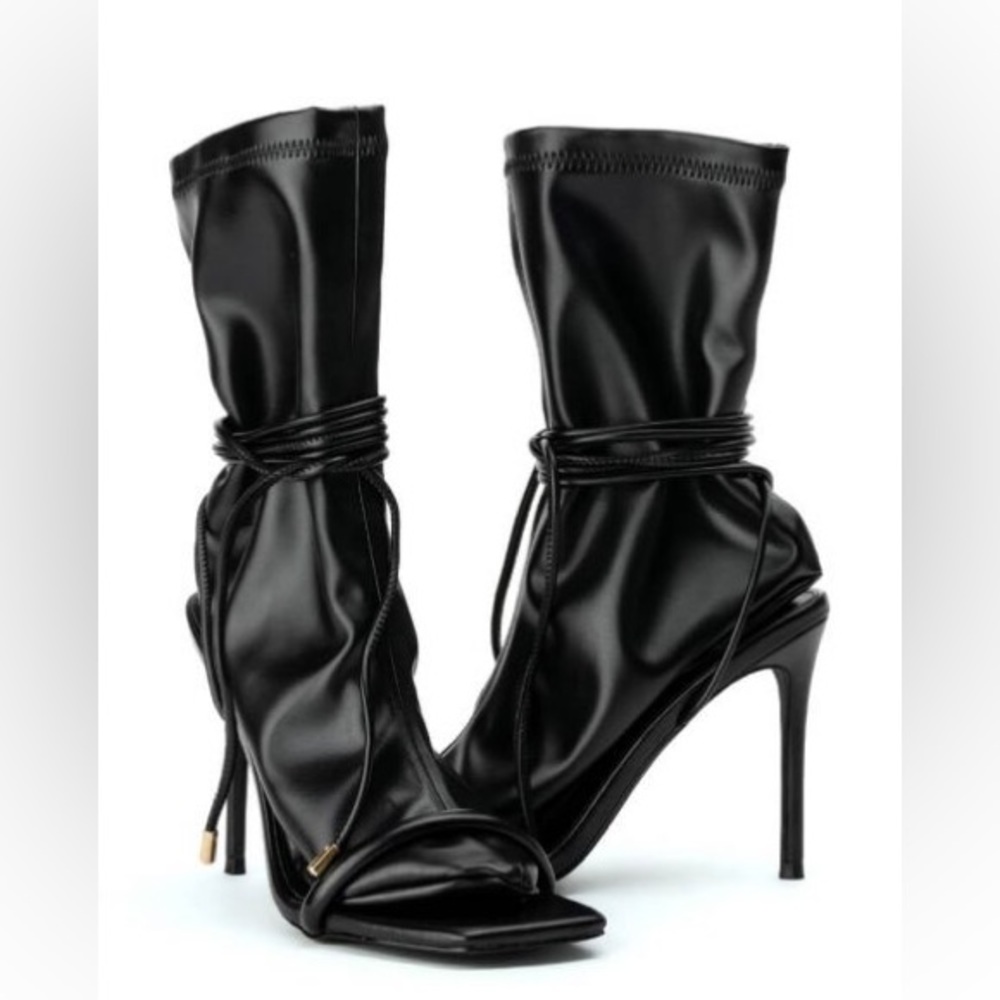 Sexy Black Smooth Vegan Leather Wedge Sock Ankle Stiletto Heel Booties
